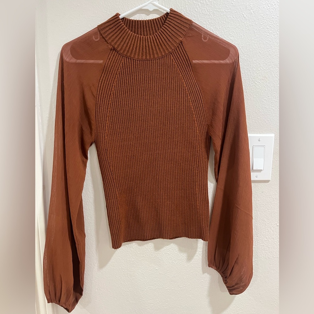 Brown Ribbed Long Sleeve Top